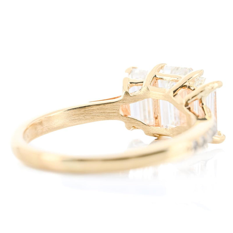 1.97CTW Emerald + Baguette Diamond Three Stone Engagment Ring - Pavé Band - 14K Yellow Gold