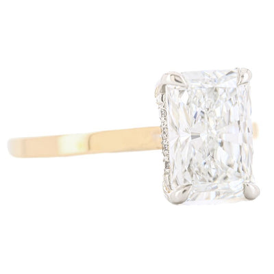 3.0CTW Radiant Lab-Grown Diamond Engagement Ring, 3mm band - Hidden Halo + Solitaire - 14K Yellow Gold + 950 Platinum