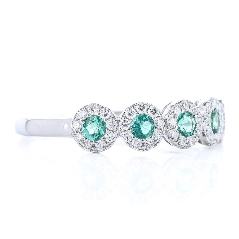 .51CTW Round Emerald + Diamond Band - Halo - 14K White Gold