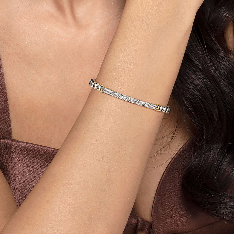 White Sapphire Open Bangle - 14K White Gold + Sterling Silver