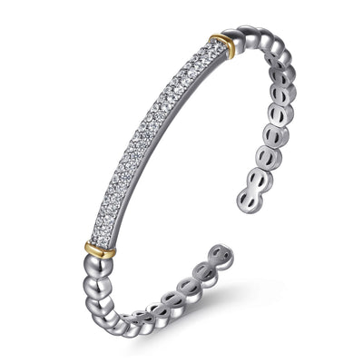 White Sapphire Open Bangle - 14K White Gold + Sterling Silver