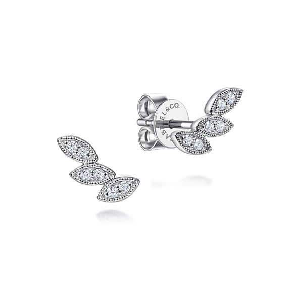 .09CTW Diamond Leaf Stud Earrings - 14K White Gold