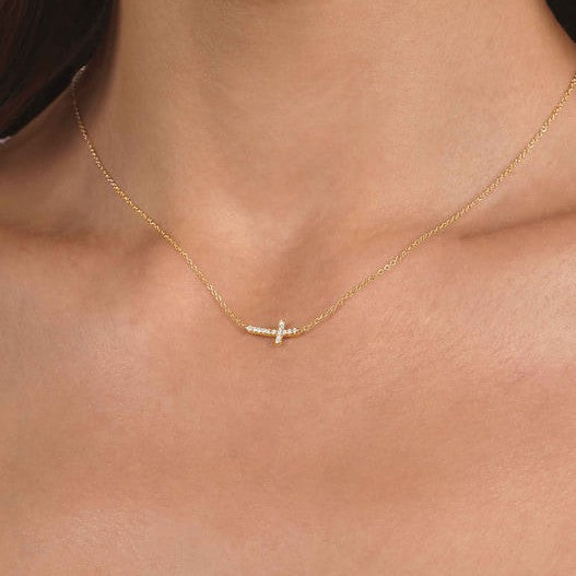 .07CTW Diamond Curved Cross, 17" - 14K Yellow Gold