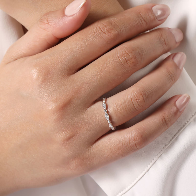 .05CTW Diamond Bujukan Marquise Station Stackable Ring, Size 6.5 - 14K White Gold