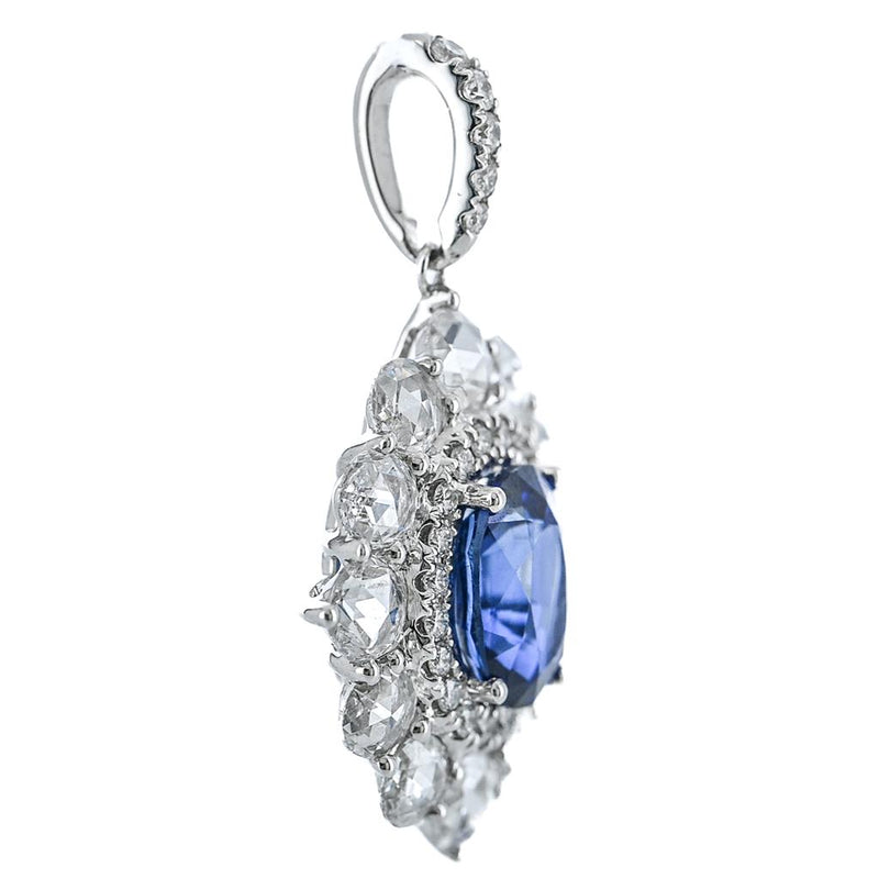 1.94CTW Oval Sapphire + Rose Cut Diamond Halo Pendant - 14K White Gold