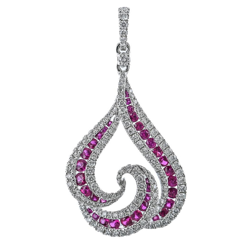 1.14CTW Round Diamond + Ruby Swirl Pendant  - 14K White Gold