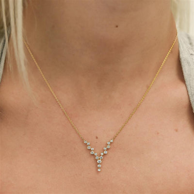 .34CTW Round Diamond "V" Necklace, 17" - Scattered - 14K Yellow Gold