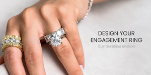 Image of model hand with diamond rings and text that reads design your engagement ring custom bridal division | Buchroeders Jewelers
