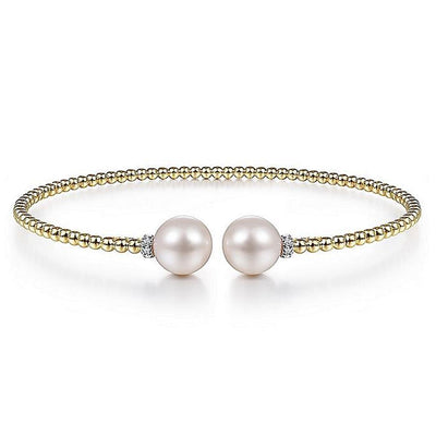 Beaded Bujukan Pearl Split Bracelet, Diamond Caps, - 6.5", 14k Yellow Gold, 3.2mm