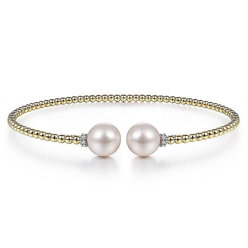 Beaded Bujukan Pearl Split Bracelet, Diamond Caps, - 6.5", 14k Yellow Gold, 3.2mm