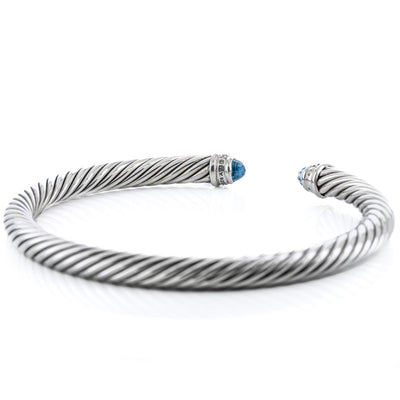 David Yurman | .07CTW Round Diamond + Blue Topaz Cable Bracelet, 6.5" - 925 Sterling Silver