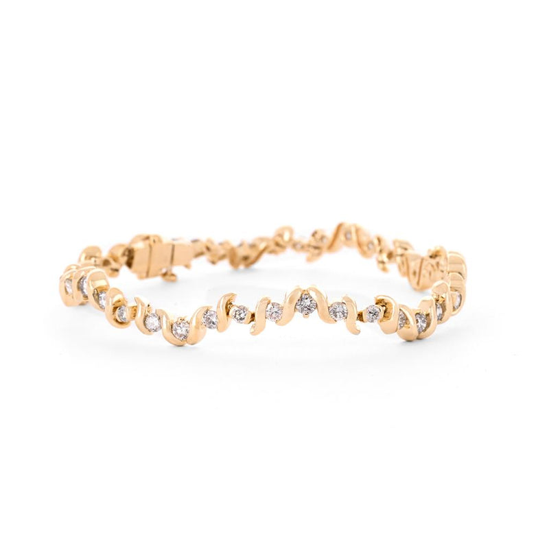 2.0ct Wavy Diamond Bracelet, 7", Bar Set - 14K Yellow Gold