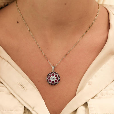 2.67CTW Ruby + Round Diamond Geometric Pendant - 14K White Gold
