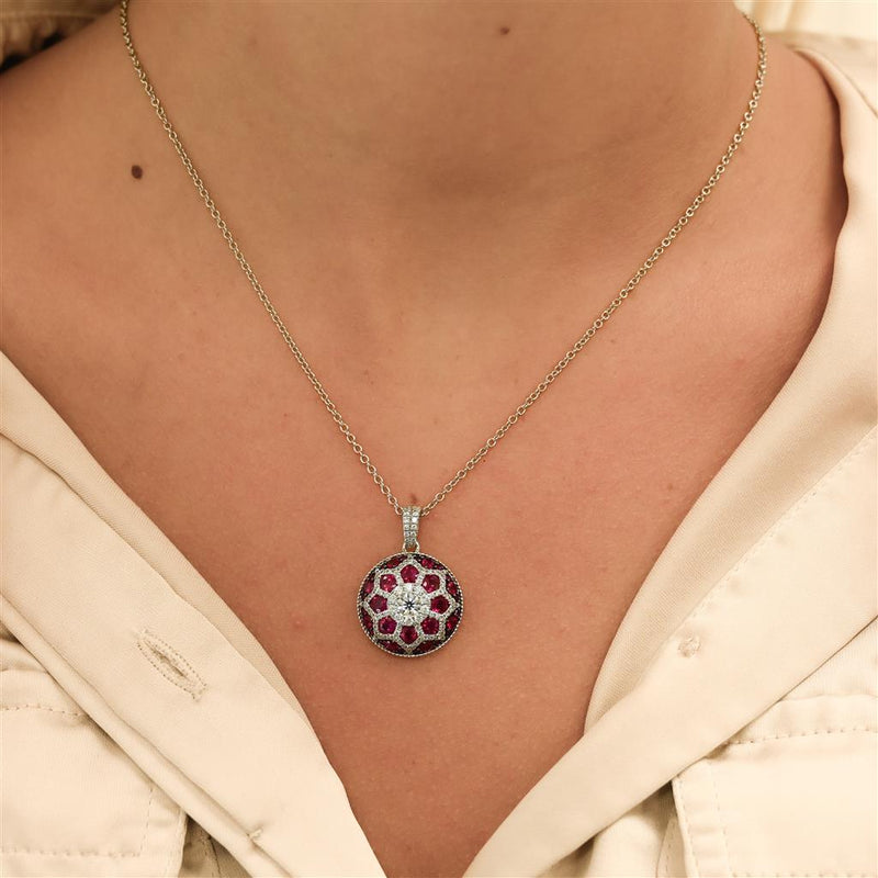 2.67CTW Ruby + Round Diamond Geometric Pendant - 14K White Gold