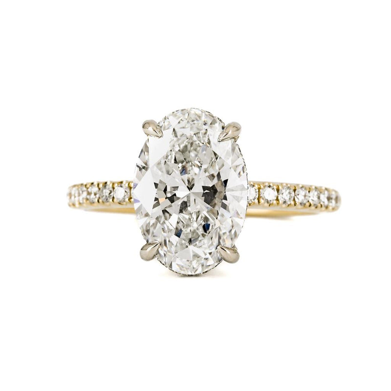 3.4ctw Oval Cut Solitaire Lab-Grown Diamond Engagement Ring, Pave Diamond Band - 14k Yellow Gold - Size 6.5