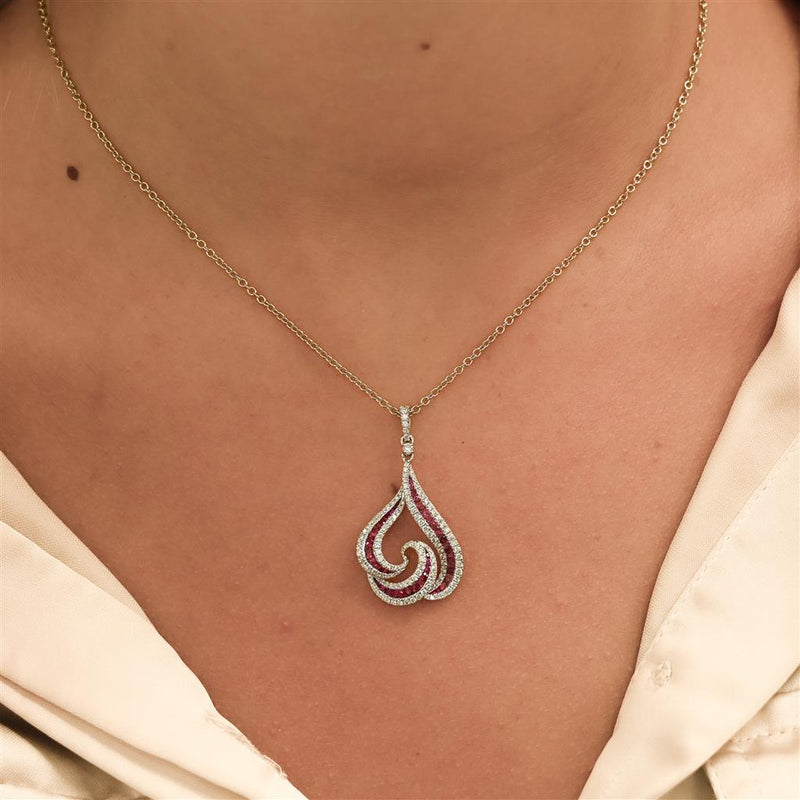 1.14CTW Round Diamond + Ruby Swirl Pendant  - 14K White Gold