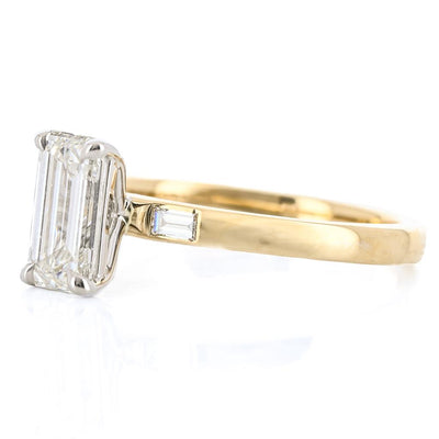 1.12CTW Emerald + Baguette Diamond Three Stone Engagement Ring - 14K Yellow Gold