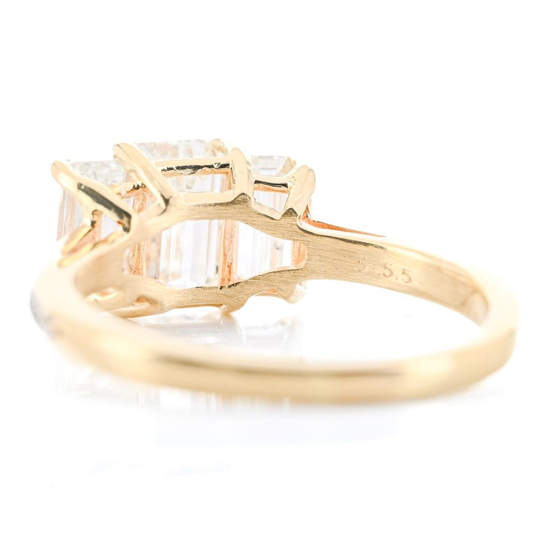1.97CTW Emerald + Baguette Diamond Three Stone Engagment Ring - Pavé Band - 14K Yellow Gold