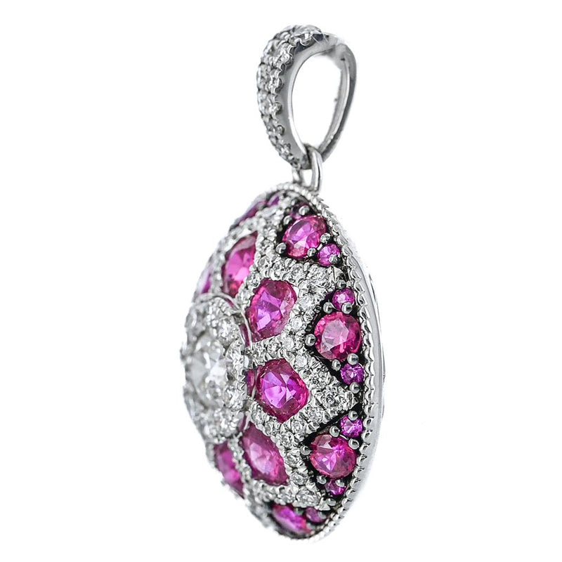 2.67CTW Ruby + Round Diamond Geometric Pendant - 14K White Gold