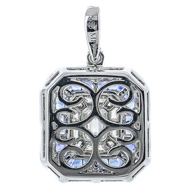 1.4CTW Emerald + Baguette  Diamond Pendant - Sapphire Halo - 14K White Gold