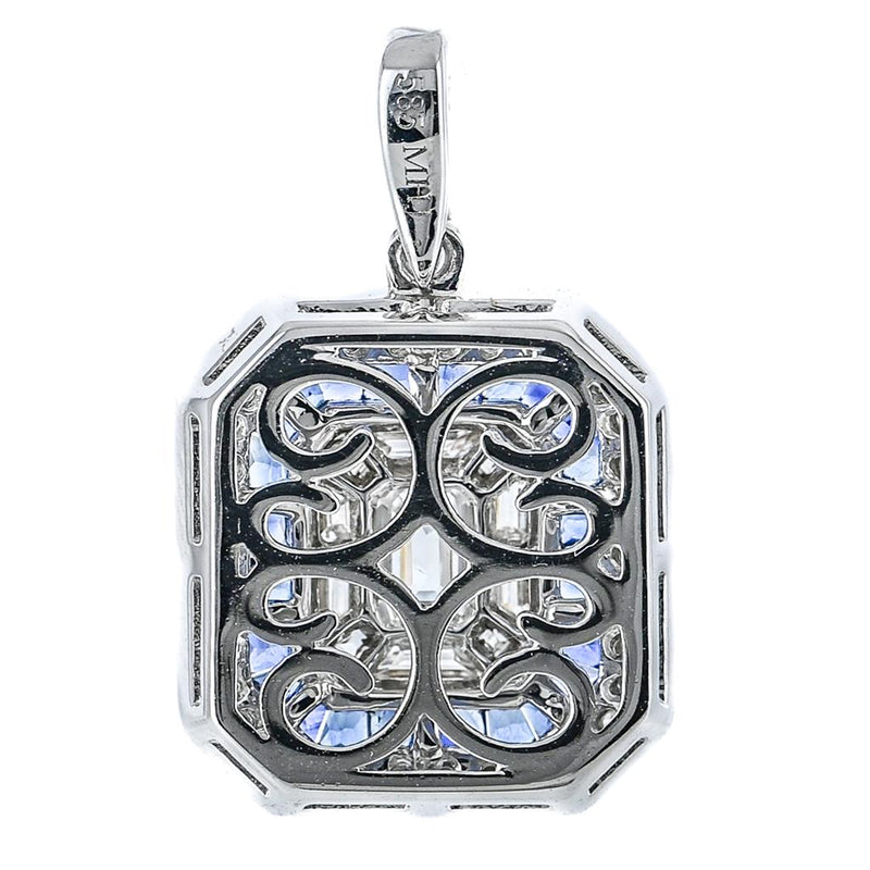 1.4CTW Emerald + Baguette  Diamond Pendant - Sapphire Halo - 14K White Gold