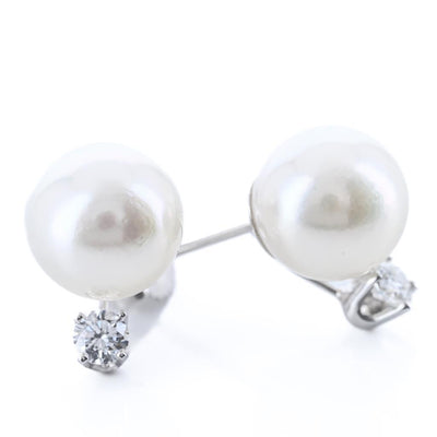 .20CTW Diamond + Akoya Pearl Stud Earrings -  Suspended Diamond - 14K White Gold