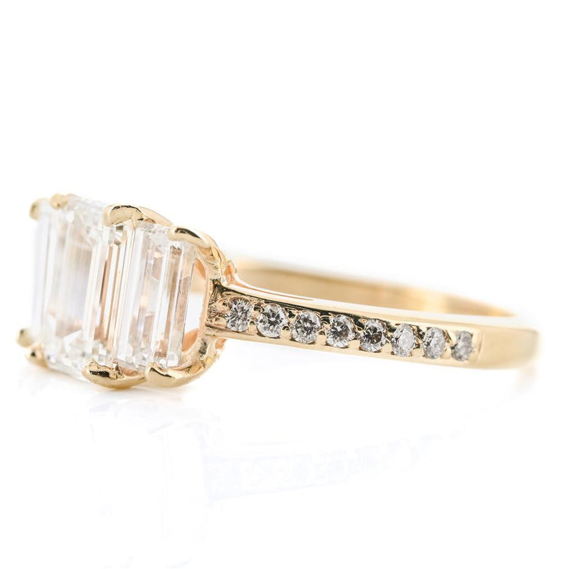 1.97CTW Emerald + Baguette Diamond Three Stone Engagment Ring - Pavé Band - 14K Yellow Gold