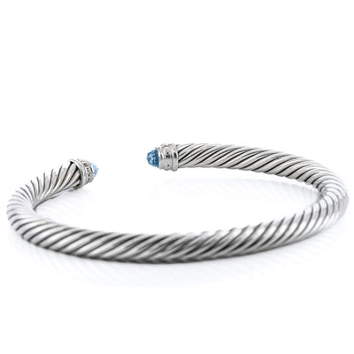 David Yurman | .07CTW Round Diamond + Blue Topaz Cable Bracelet, 6.5" - 925 Sterling Silver
