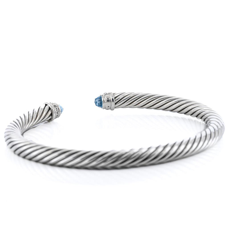 David Yurman | .07CTW Round Diamond + Blue Topaz Cable Bracelet, 6.5" - 925 Sterling Silver