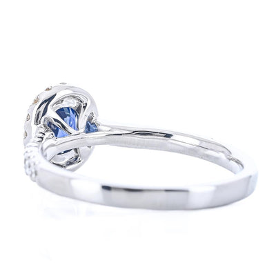 1.15CTW Round Sapphire + Diamond Engagement Ring - Halo + Pavé Band - 18K White Gold