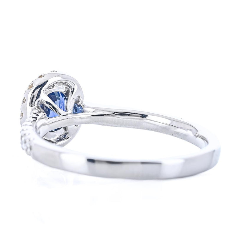 1.15CTW Round Sapphire + Diamond Engagement Ring - Halo + Pavé Band - 18K White Gold