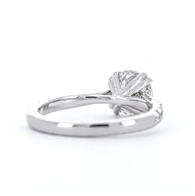 2.05ctw Round Solitaire Diamond Engagement Ring, Double Claw Prong, Pavê Band - 14K White Gold