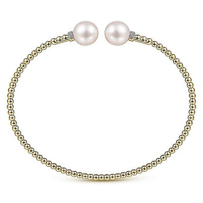 Beaded Bujukan Pearl Split Bracelet, Diamond Caps, - 6.5", 14k Yellow Gold, 3.2mm