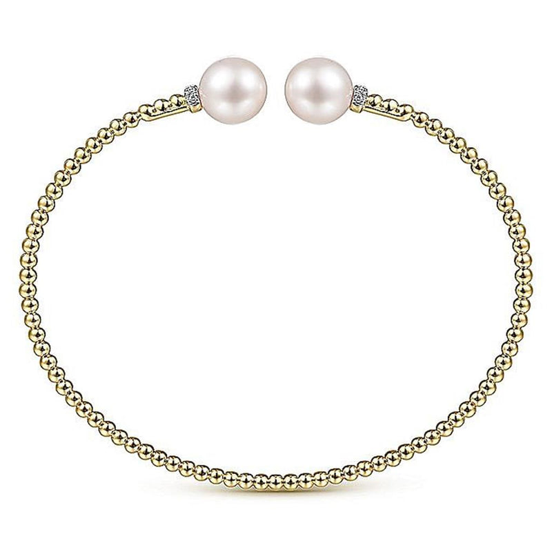 Beaded Bujukan Pearl Split Bracelet, Diamond Caps, - 6.5", 14k Yellow Gold, 3.2mm