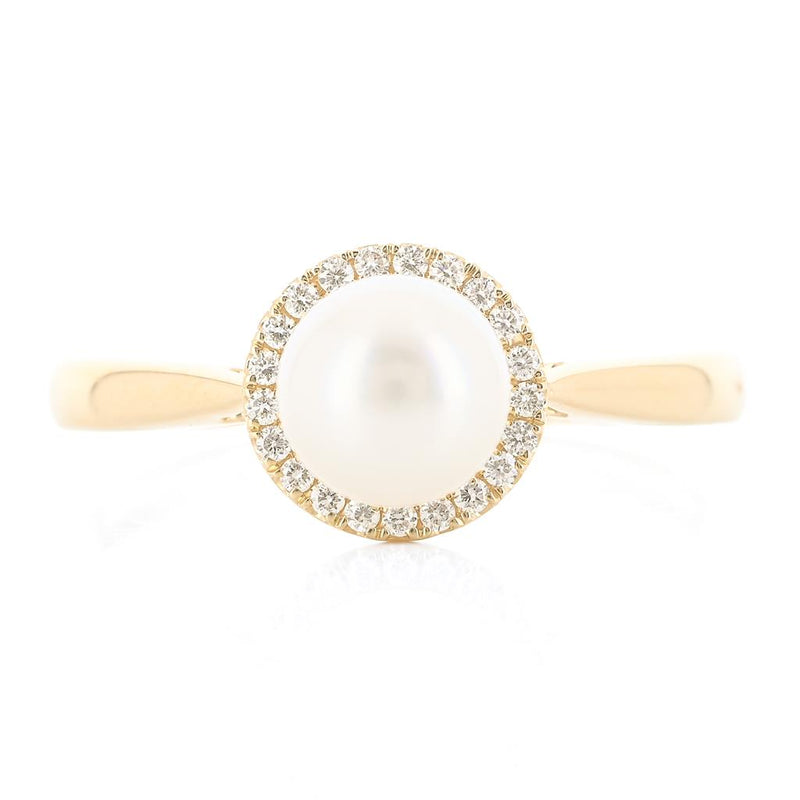 .08CTW Diamond + Cultured Freshwater Pearl Ring - Halo + Cathedral - 14K Yellow Gold