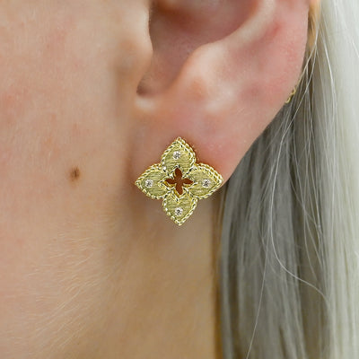 Roberto Coin | .12CTW Diamond Venetian Flower Stud Earrings - 18K Yellow Gold