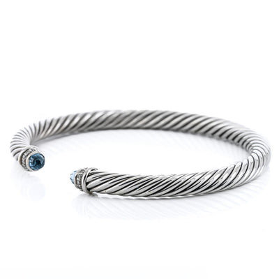 David Yurman | .07CTW Round Diamond + Blue Topaz Cable Bracelet, 6.5" - 925 Sterling Silver