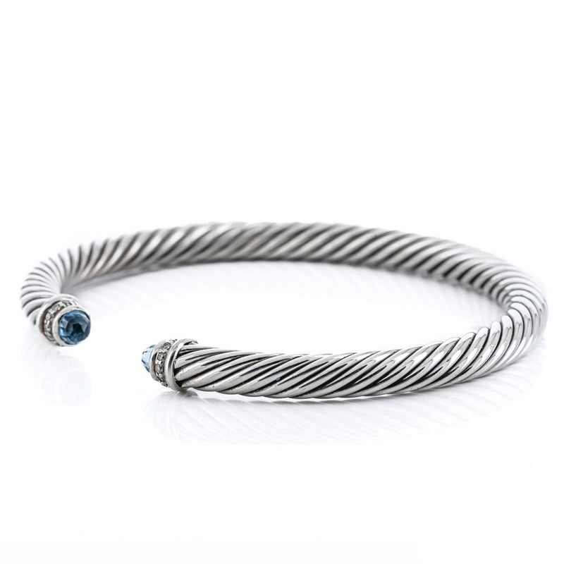David Yurman | .07CTW Round Diamond + Blue Topaz Cable Bracelet, 6.5" - 925 Sterling Silver