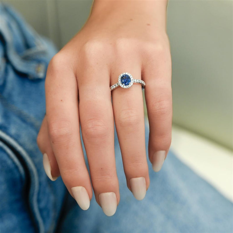 1.15CTW Round Sapphire + Diamond Engagement Ring - Halo + Pavé Band - 18K White Gold