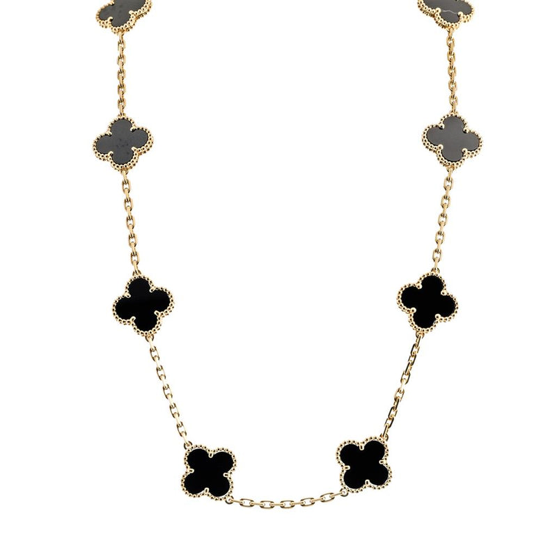 Van Cleef & Arpels | Onyx 10-Motif Vintage Alhambra Necklace, 17" - 18K Yellow Gold