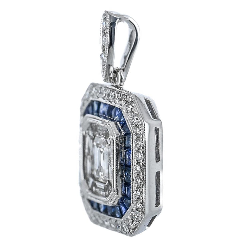 1.4CTW Emerald + Baguette  Diamond Pendant - Sapphire Halo - 14K White Gold