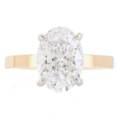3.14CTW Oval Lab-Grown Diamond Engagement Ring, 3mm band - Hidden Halo + Solitaire - 14K Yellow Gold + 950 Platinum