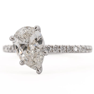 1.95CTW Pear Diamond Engagement Ring - Slanted Solitaire + Pave Band - 14K White Gold
