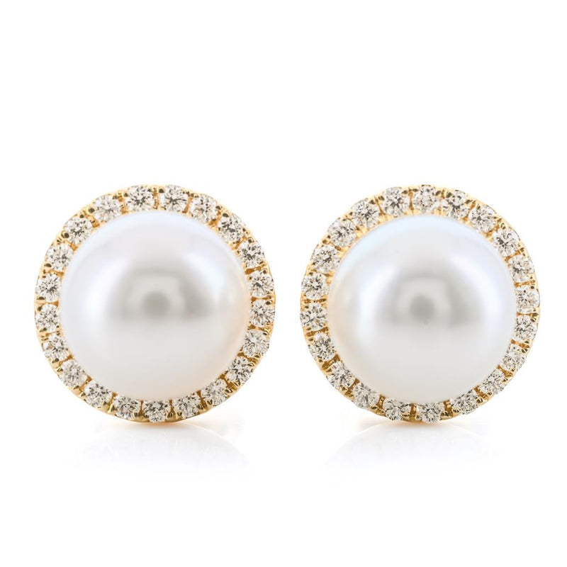 .15 Diamond + Cultured Freshwater Pearl Stud Earrings - Halo - 14K Yellow Gold
