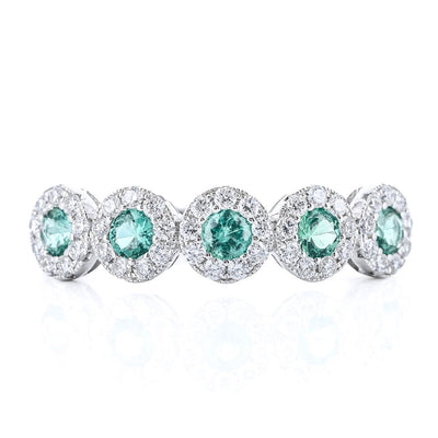.51CTW Round Emerald + Diamond Band - Halo - 14K White Gold