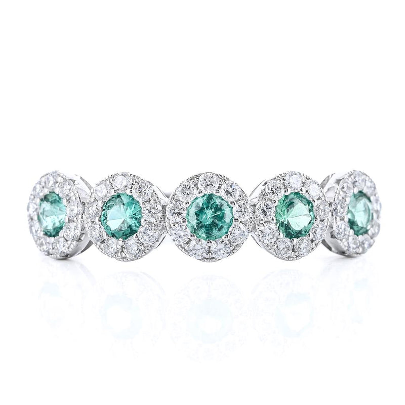 .51CTW Round Emerald + Diamond Band - Halo - 14K White Gold