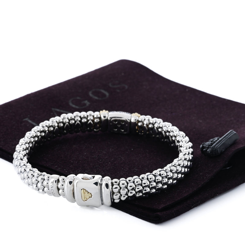 Lagos | Black Spinel Caviar Station Bracelet, 6.5" - 18K Yellow Gold + 925 Sterling Silver