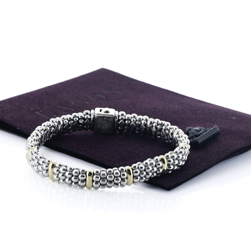 Lagos | Five Gold Station Caviar Bracelet, 6.5" - 18K Yellow Gold + 925 Sterling Silver