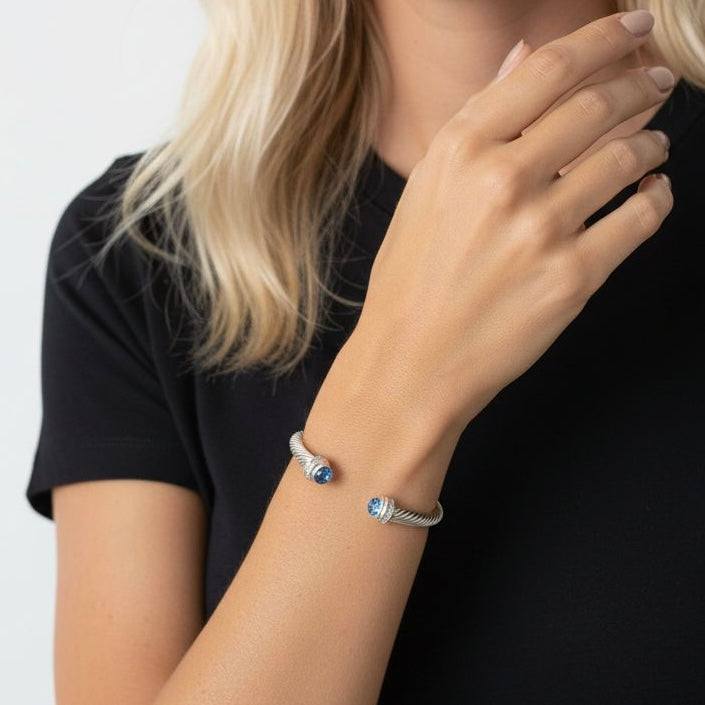 アクセサリー David Yurman David Yurman | Blue Topaz + Diamond Cable Cuff Bracelet, 4MM - 925