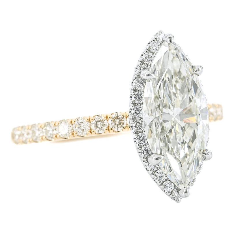 2.54CTW Marquise Diamond Engagement Ring - Halo + Pavé Band - 14K Yellow Gold + 950 Platinum